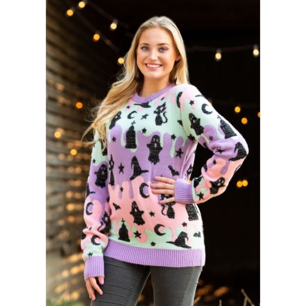 NWT FUN.com Pastel Halloween Sweater Black Cat Witchy Kawaii Spooky Cute Size XS